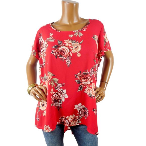 torrid Tops - Torrid Top Sz 2 18/20 2X Red Floral Blouse Hi/Low Hem Layered Short Sleeves